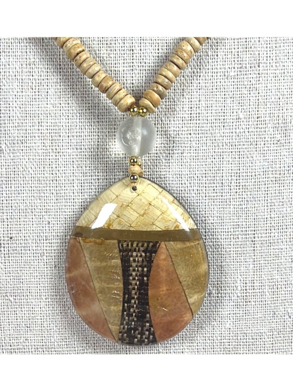 Boho Inlaid Pendant Beaded Necklace Earth Tone Gold Flower Accent Tribal Collar